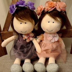 Personalized 13in Soft Baby Girl Plush Doll Toy/Messy brown Hair/ Flower sparkly Headband/Stuffed Doll/Crazy HairSister Plush Toy Gifts