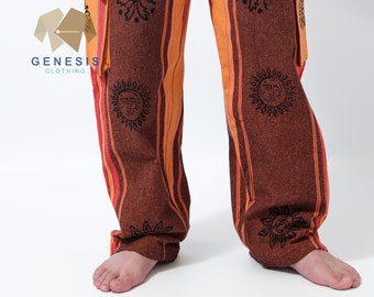 GENESIS Striped Cargo Block Printed Hippie Harem Boho Funky Festival Trousers  - 100% Pure Cotton - Handmade in NEPAL