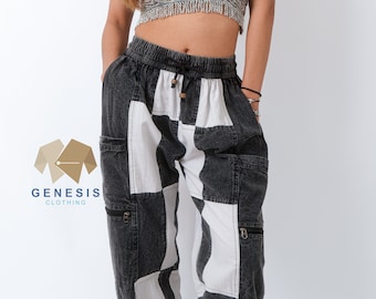 GENESIS Patchwork Hippie Boho Gypsy Festival Yoga Harem Funky Trousers - Stonewashed Black & White Patch Trousers Chess Board