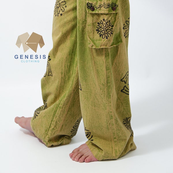 GENESIS Stone Washed Cargo Block Printed Hippie Harem Boho Funky Festival Trousers  - 100% Pure Cotton - Handmade in NEPAL