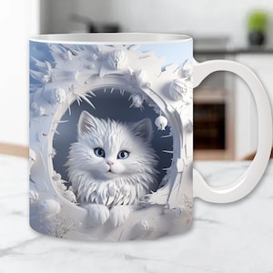 Kitten Hole in Wall 11 oz 15 Mug Sublimation Design Digital Download PNG Kitten Wrap Mug Gift Kitten Snow Mug Wrap