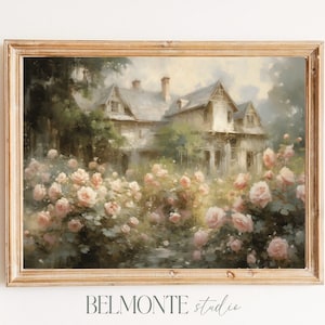 Moody Decor Printable Cottage Rose Garden Vintage Oil Painting Cottagecore Wall Art Decor Farmhouse Print Digital Download