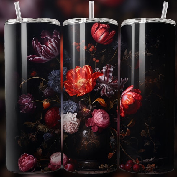 Dark Floral 20 oz Skinny Tumbler Sublimation Design Digital Download PNG Dark Floral Tumbler Wrap Gift Dark Floral Print Flowers