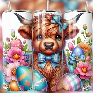 Easter Cow 20 oz Skinny Tumbler Sublimation Design Digital Download PNG Highland Cow Tumbler Wrap Gift Cow Print Easter