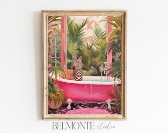 Zebra in Bath Botanical Animal Print Maximalist Animal in Bathtub Wall Art Tropical Bathroom Safari Pink Printable Leafy Bathroom Print
