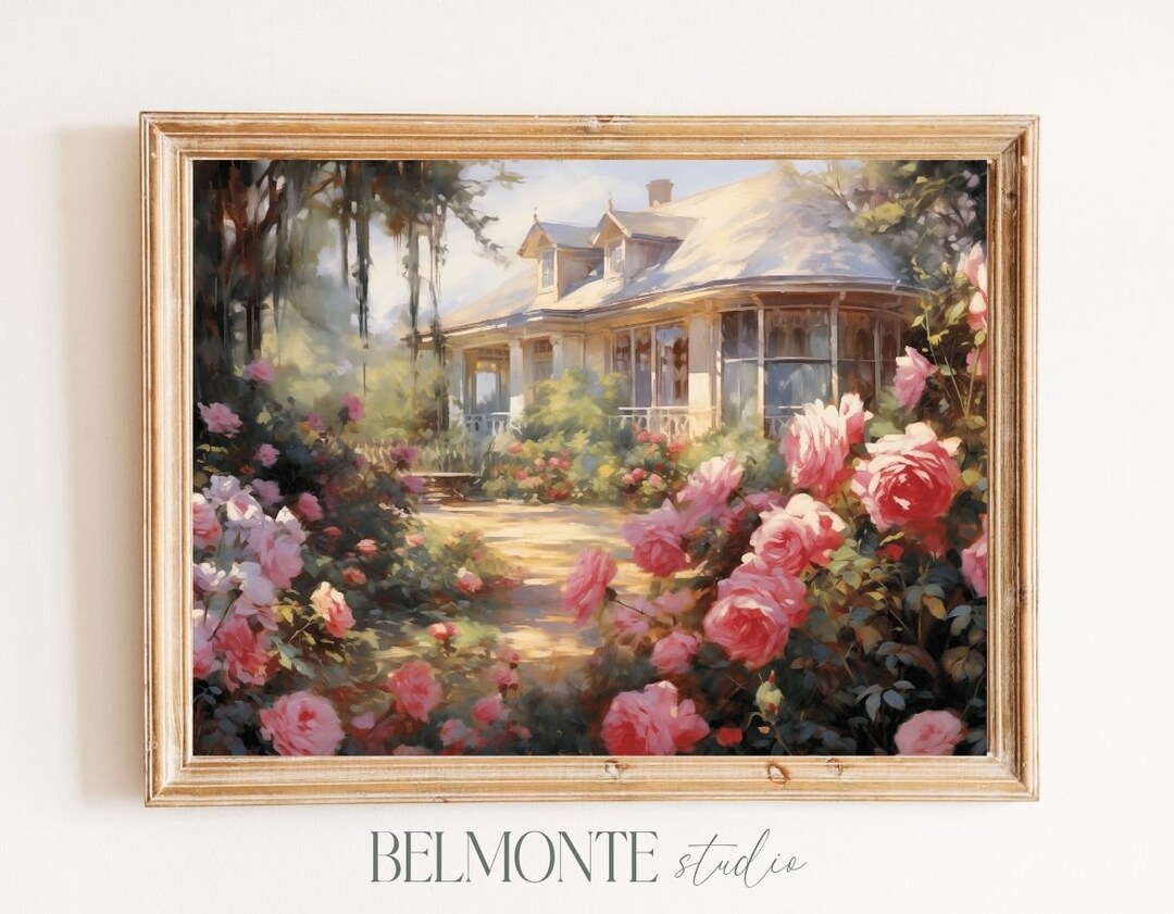 Printable Cottage Rose Garden Vintage Oil Painting Cottagecore Wall Art ...