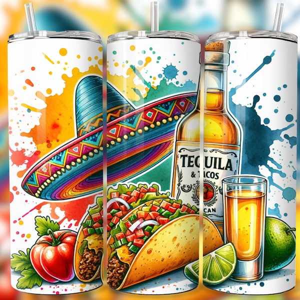 Cinco De Mayo Tacos Tequila 20 oz Skinny Tumbler Sublimation Design Digital Download PNG Mexican Tumbler Tequila Tacos Wrap Fiesta Gift