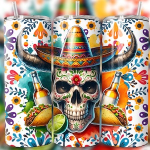 Cinco De Mayo Tacos Tequila 20 oz Skinny Tumbler Sublimation Design Digital Download PNG Mexican Skull Tumbler Tequila Tacos Wrap Fiesta