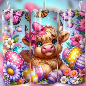Easter Cow 20 oz Skinny Tumbler Sublimation Design Digital Download PNG Highland Cow Tumbler Wrap Gift Cow Print Easter