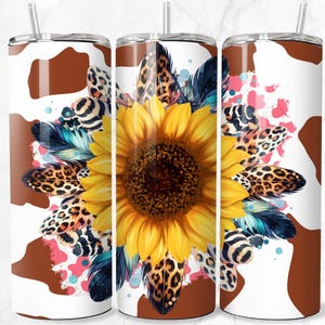 Sunflower Cow Print 20oz Skinny Tumbler Wrap, Sublimation Design, Digital Download PNG, Western Mama Tumbler Wrap PNG