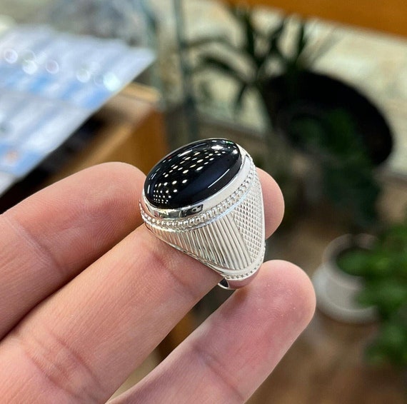 Original Yemeni Black Aqeeq Stone Ring Real Natural Black Yamani Akik Silver 925 Ring Natural Black Yemeni Stone Sterling Silver Ring 925