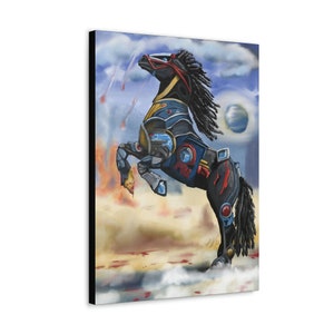 May include: A black, armored horse with blue and red accents stands on its hind legs in a fiery, apocalyptic landscape. The horse has a long, black mane and tail. The background features a blue sky with clouds and a distant planet.