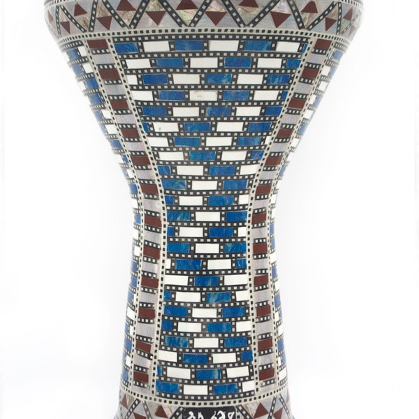 Gawharet El Fan 15.5" Darbuka Blue and white geometric / square design