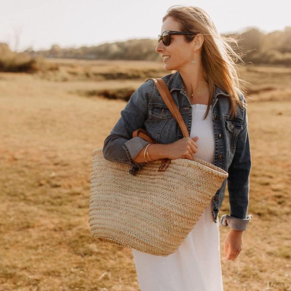 STRAW BAG Handmade with leather, French Market Basket, French market bag, Straw basket, French basket, grocery market bag