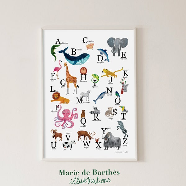 Abécédaire animalier - Affiche décorative et éducative pour chambre d'enfant ou salle de jeux - animaux peints à la mains - noms français