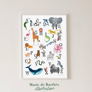 Tierisches Alphabet-Poster für Kinderzimmer oder Spielzimmer - Handgemalt - Dekoratives und lehrreiches Poster für Kinder - Namen auf Englisch