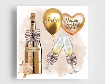 PERSONALISED 6x6" - 70th Happy Birthday Card  | Friend | Special | Birthday Wishes | Happy Birthday | Name | Champagne | Year of Birth
