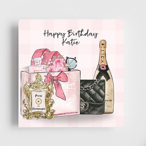 PERSONALISED 6x6" Happy Birthday Card | Fashion Designer | Handbag | Gift Bag | Gifts | Perfume | Pink | Friend | Gold | Glasses | Champagne