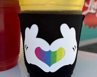 Rainbow Pride Glitter Heart Mickey Hands, 16oz Beverage Holder w/Handle, Insulated Neoprene Sleeve, Comfort Grip, Cocktail Collar, Handmade