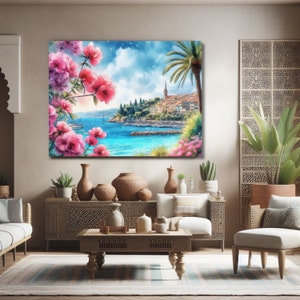 French Riviera Watercolour Wall Art, Landscape Painting, Canvas, Sea, Flowers