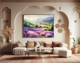 Lavender Fields Watercolour Painting, Lilac Provence, Landscape Wall Art