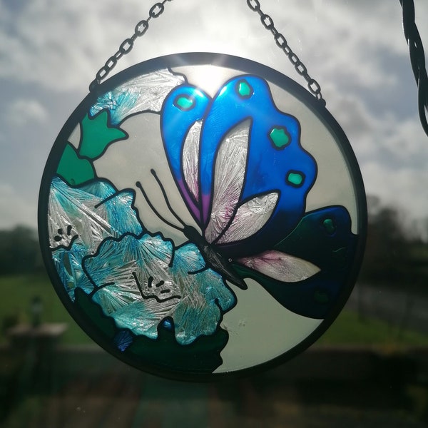Vintage "Joan Baker Designs" hand painted blue butterfly stained glass suncatcher
