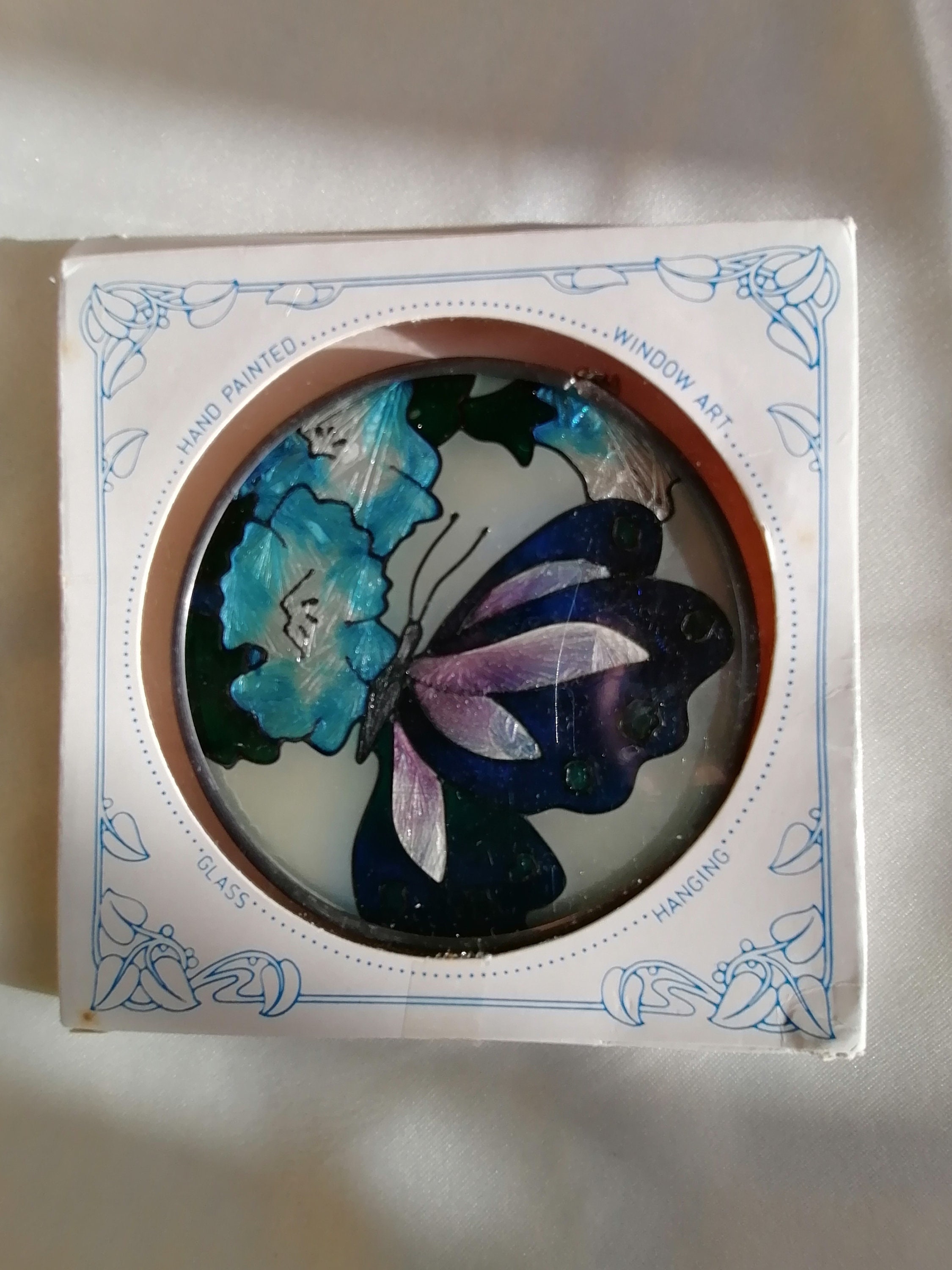 Vintage joan Baker Designs Hand Painted Blue Butterfly Stained Glass