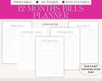 12-Month Bills Planner, Expense Tracker (Printable PDF)