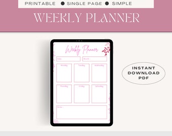 Simple Weekly Planner Printable, Single Page (Digital Download)