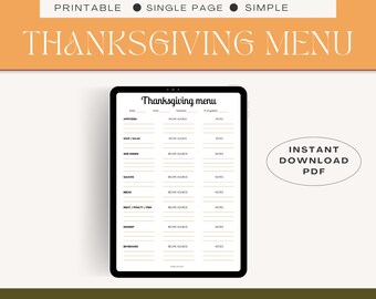 Thanksgiving Menu Planner, Party Food List (Digital Download)