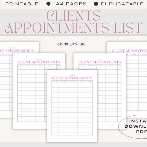 12 Month Client Appointment Log, Appointment Log, Client Checklist for business, Business Appointment log