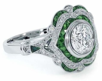Art Deco Style Round Cut Lab Created Diamond & Green Emerald Women's Wedding, Engagement Birthday Gift Ring In 14K White Gold Filled