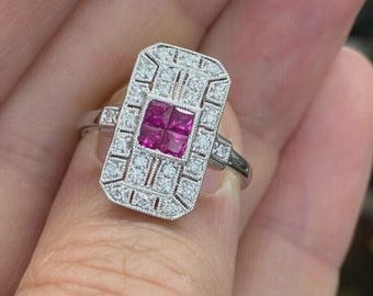 Art Deco Style Ring, Emerald Cut Lab Created Diamond & Ruby Ring, Wedding Ring, Ring For Engagement/Birthday, 14K White Gold Finish Ring