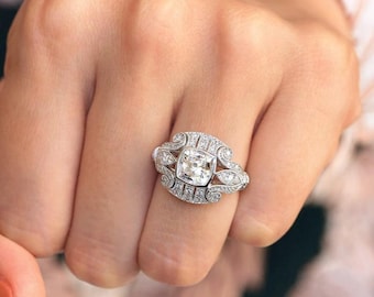 Vintage Art Deco Cushion Cut Lab Created Diamond Bezel-Set Ring, Engagement, Wedding, Christmas, Halloween, Anniversary Gift 925 Silver Ring