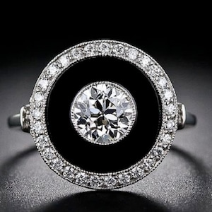 Art Deco Schwarzer Onyx Ring: Labradorit Diamant, 925 Sterling Silber