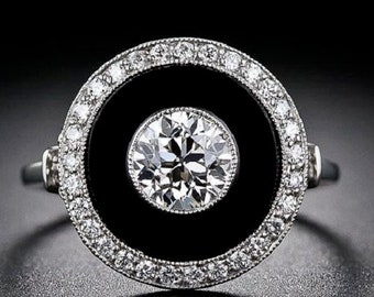 Anillo Art Déco de ónix negro: Diamante de laboratorio, plata de ley 925