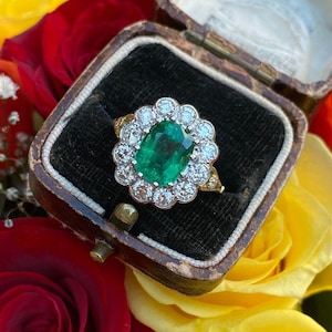 Art Deco Emerald Ring: Lab Diamond Cluster, 14K Yellow Gold Filled