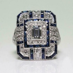 Art Deco Emerald Cut Ring: Lab Diamond & Blue Sapphire, 14K White Gold Filled