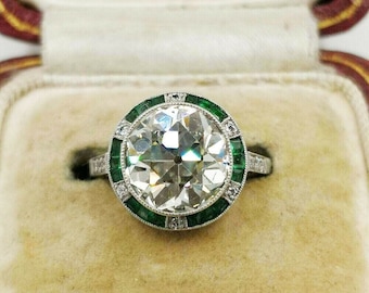 Art Deco Style Round Cut Lab Created Diamond & Green Emerald Halo Engagement, Wedding, Birthday, Anniversary 14K White Gold Filled Gift Ring