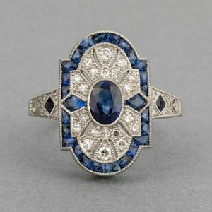 Art Deco Style Oval Cut Blue Sapphire & Lab Created Diamond Wedding, Engagement, Anniversary, Birthday Gift Ring In 14K White Gold Filled