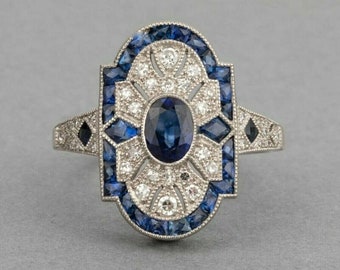Art Deco Sapphire Ring: 925 Sterling Silver Wedding Engagement