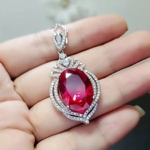 Hänge i art déco-stil med oval slipad röd rubin och labbet diamant, bröllops-/förlovningshänge, jubileumspresent, hänge i 14 karat vitguld