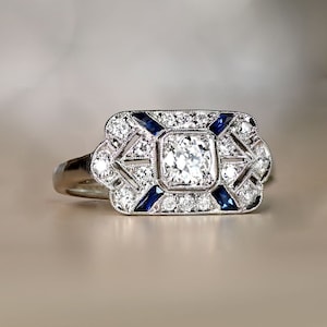 Art Deco Style Old European Cut Lab Created Diamond & Sapphire Wedding, Engagement, Anniversary, Mother&#39;s Day Gift Ring In 925 Solid Silver