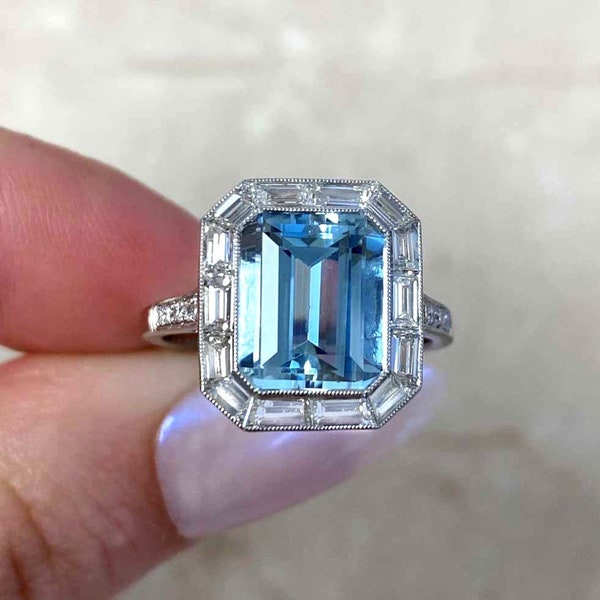 2.80 Ct Emerald Cut Aquamarine & Halo Baguette Cut Lab Created Diamond Christmas, Wedding Bridal, Engagement Ring, 925 Sterling Silver Ring