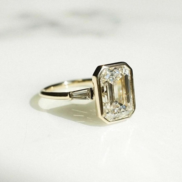 3ct Art Deco Style Emerald Cut Lab Created Diamond Ring, Sterling Silver Perfect Ring For Engagement, 14K Yellow Gold Finish Ring For Her