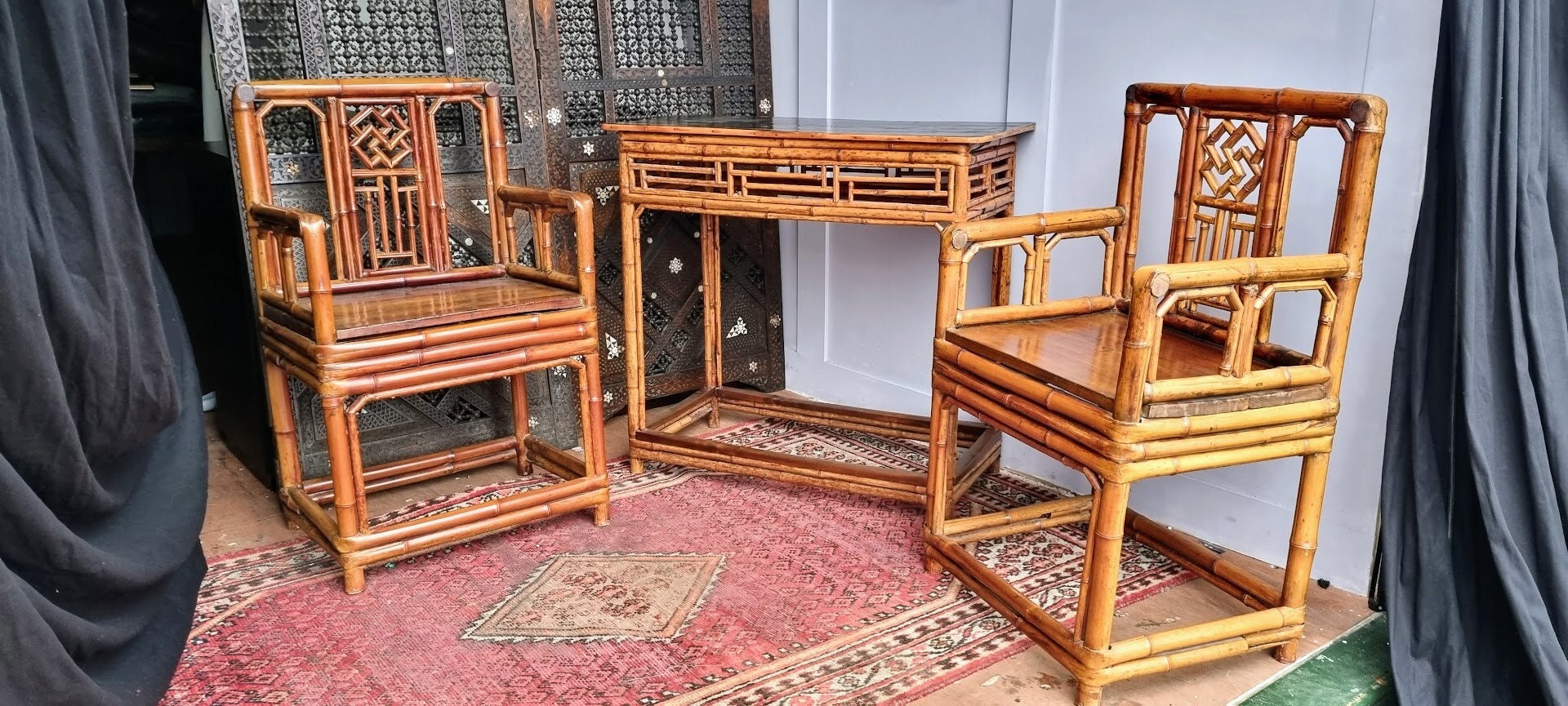 19th century Chinese bamboo Brighton Pavilion chairs and side table.