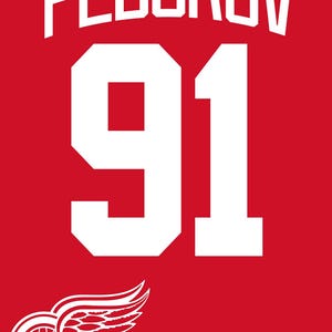 May include: Red background with the name "FEDOROV" in white block letters above the number "91". A white logo of a winged wheel is in the lower left corner, with the years "1990-2003" below it.