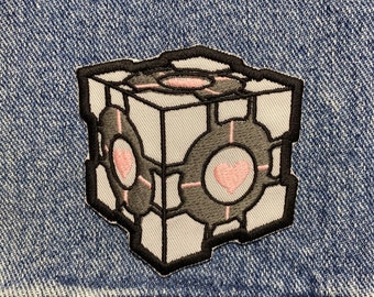 Companion Cube Embroidered Patch. Gaming Inspired Patches. Iron On Backing.
