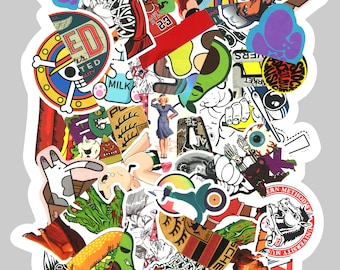 Pop Art Sticker Collage, Colorful Digital Print Wall Decor, Music Inspired Artwork, Retro Vintage Gift