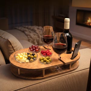 Weinbar mit 4 Glasschalen | für Sekt | Champagner Bar | handgefertigt aus Holz | Snackbar |  Couchbar | personalisierte Geschenke |  Camping